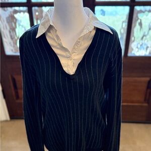 Ralph Lauren Black Pinstripe Ivory Silk Cashmere Collar Sweater Preppy elegant